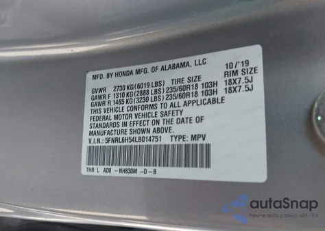 2020 Honda Odyssey Ex z USA, uszkodzony, nr VIN 5FNRL6H54LB014751